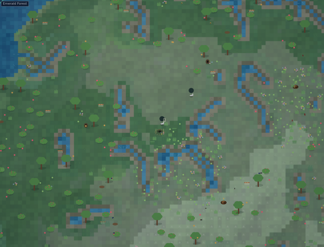 An overhead view of a living Pixel Pet forest, with trees, wildlife, and winding water.
